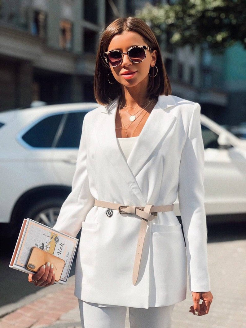 White Bridal Women Blazer Suit Double Breasted Long Sleeve Slim Fit Ladies Formal Pants Suits Prom Party Wedding (jacket+pants)