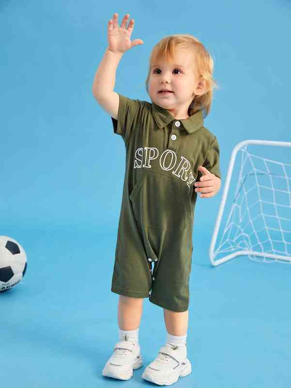 Baby Letter Graphic Kangaroo Pocket Polo Neck Romper SHE