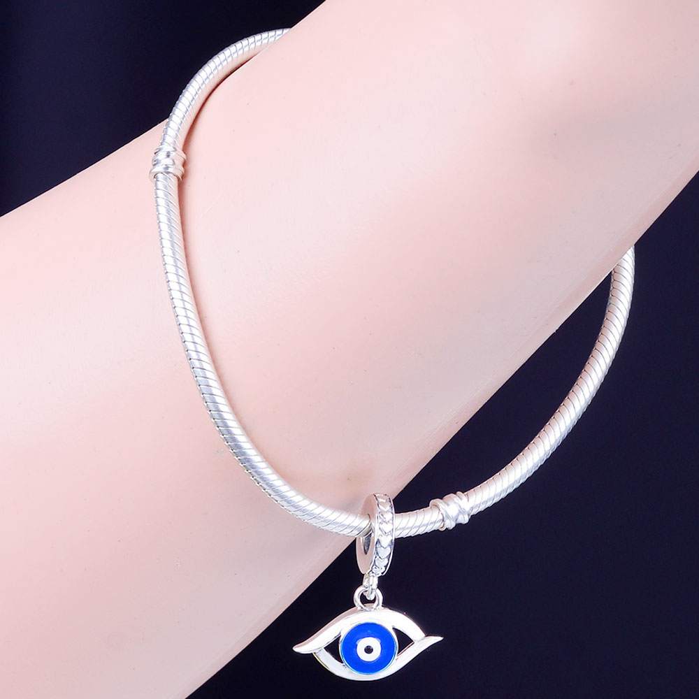 Fit Original Brand Charm Bracelet 925 Sterling Silver Turkish Blue Enamel Evil Eye Watchfull Bead Pendant Berloque