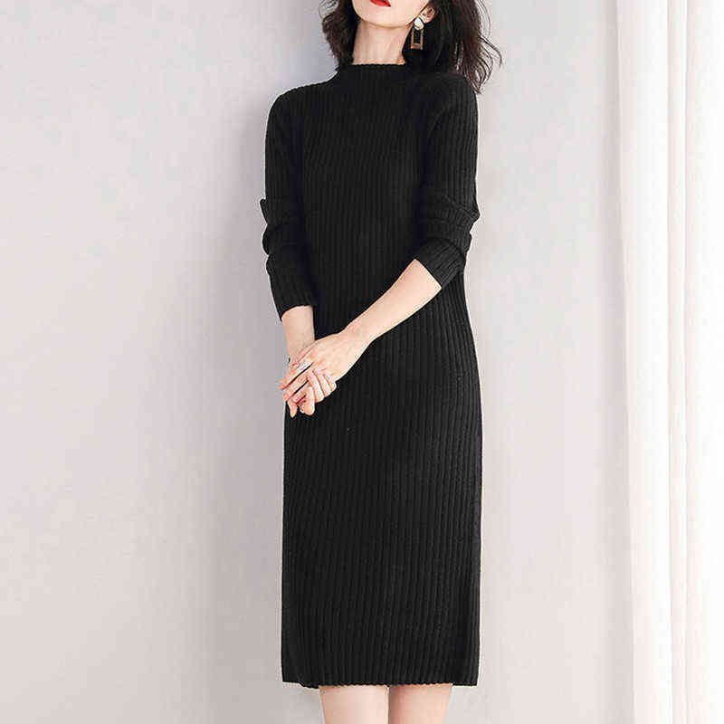 High Quality Sweater Dress for Women Knee-length Solid Color O-Neck Pullover Thick Autumn and Winter Brief Red Pink Black 211206