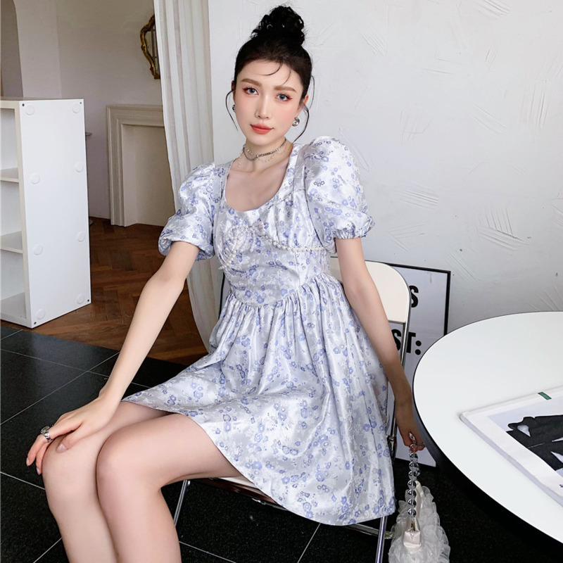 Women Dress Flower Pearl Bow Puff Sleeve Dresses Temperament Fashion Summer Arrivals 2H704 210526