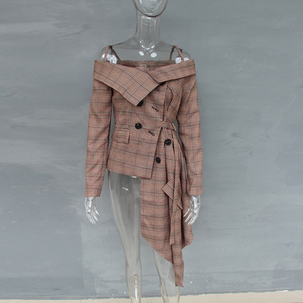 Off Shoulder Plaid Blazer Female Jacket Slash Neck Long Sleeve Irregular Hem Plus Size Women's Coats Autumn Fashion 210428