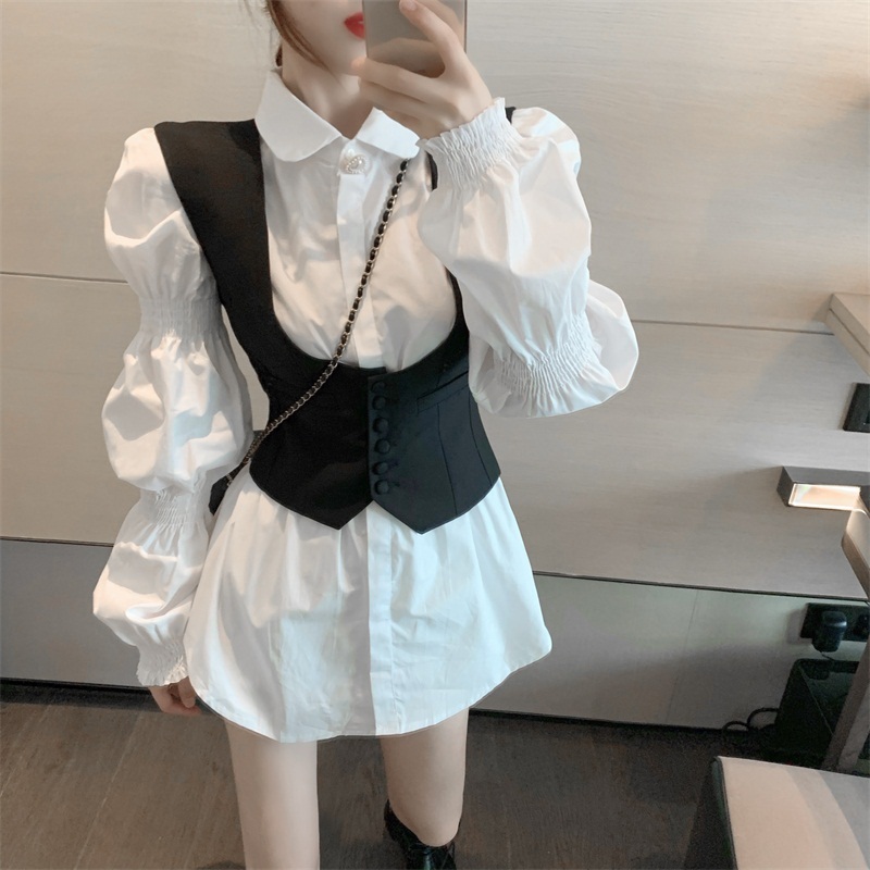 Two Pieces Set Korea Chic Turn Down Collar Puff Long Sleeve White Shirt + single-breasted Vest Sweet Suit Women 210519