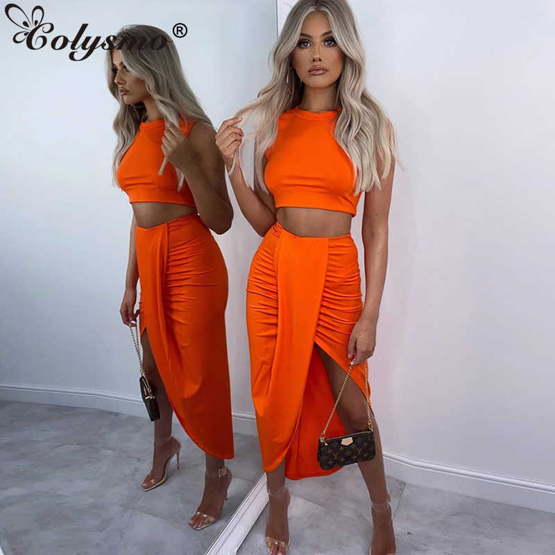 Colysmo Sexy Two Piece Set Women Summer Crop Top Split Midi Skirts 2 Cub Wear Lavender Outfits 210527
