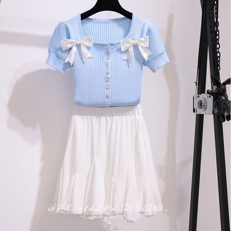 Sweet Pink Two Piece Set Elegant Bow Square Collar Knitted Short Sleeve Top + White Chiffon Mini Skirts Suits Summer Outfits 210518