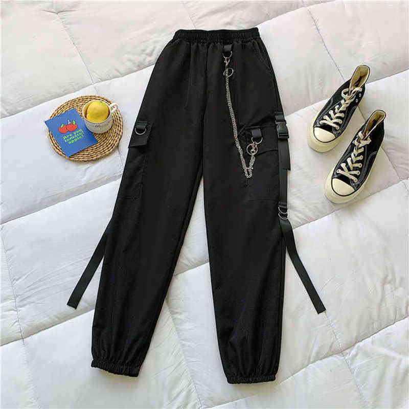 Spring Chain Cargo Pants Female 2 piece Hooded Sweatshirt+Joggers Women Letter Printed Black Set Wemon 211115
