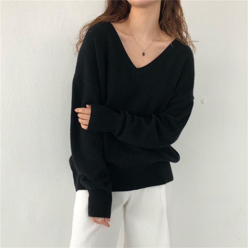 Solid V-neck Knit Sweaters Autumn Winter Off Shoulder Knitwear Tops Women OL Long Sleeve Loose Knitted Sweater 210421