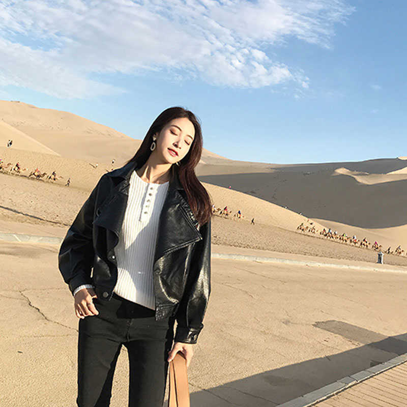 LY VAREY LIN Faux Soft Leather Motorcycle Jacket Short Biker Coat Single Breasted Big Pocket Outwear 210526