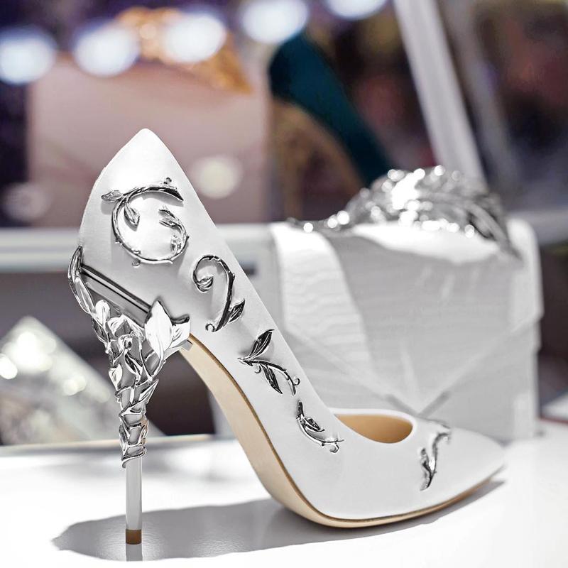 Women Pumps Pointed Toe Flower Heel Wedding Shoes Elegant Silk Design High Heels Ladies Drop Dress