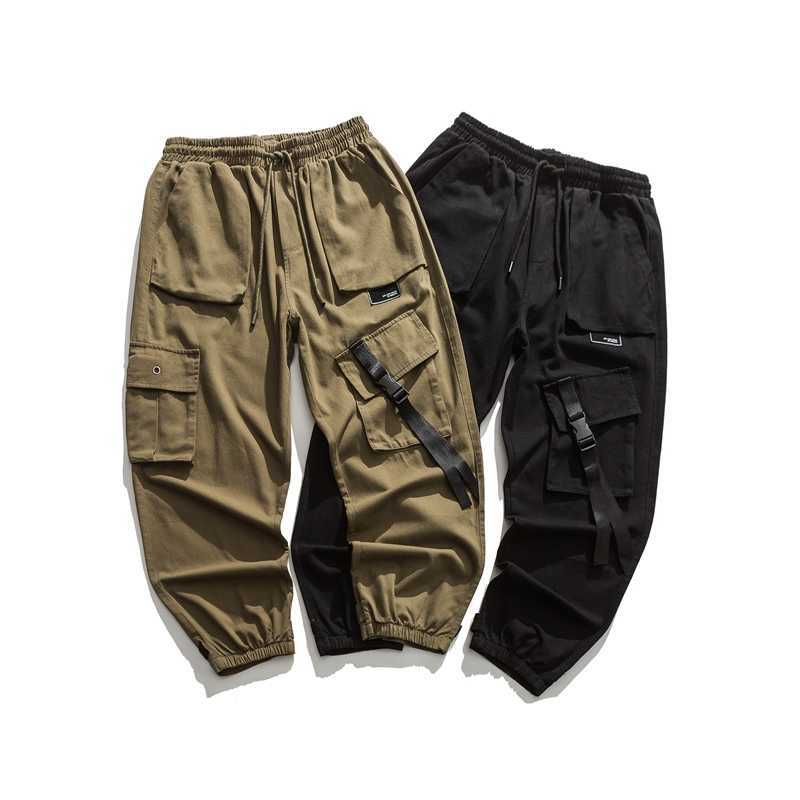 Mens Cargo Pants Multi Pockets Japan Style Harajuku Cotton Outwear Fashion Straight Casual Trousers Male Adjustable Bottom 210603