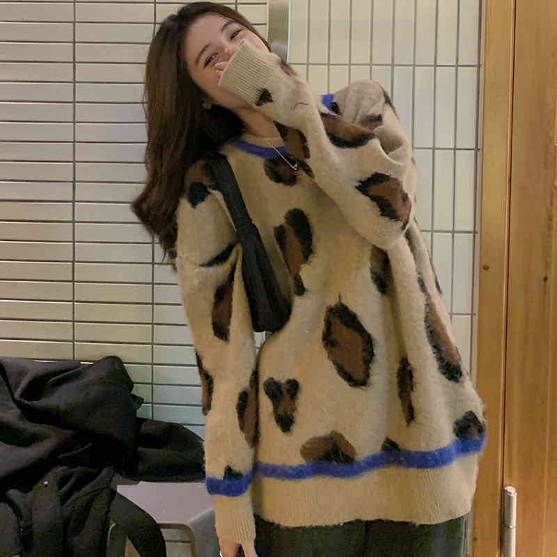 3Colors womens knitted Sweater Autumn and winter loose korean style female Leopard Sweaters and pullovers womens (C8200) 210423