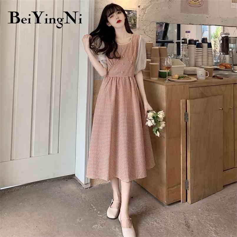 Summer Short Sleeve Plaid Midi Dresses Womens Sweet Kawaii Casual Loose M-4XL Dress Buttons French Chic 210506