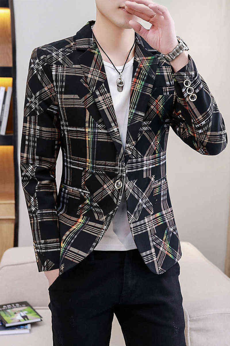 Plaid Blazers Men Slim Fit Business Casual Suit Jacket Korean Wedding Social Office Dress Coat Streetwear Costume Homme 211120