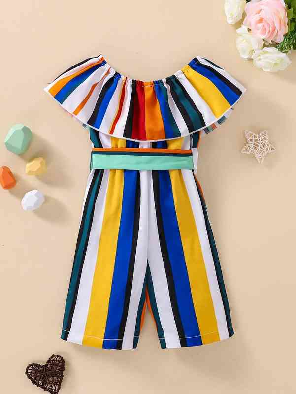 Baby Block Striped Ruffle Trim Belted Wide Leg Jumpsuit SHE
