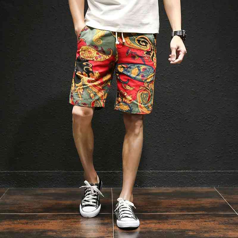 summer Hawaiian style flower beach shorts men's cotton linen elastic waist large size casual shorts M-5XL 210720