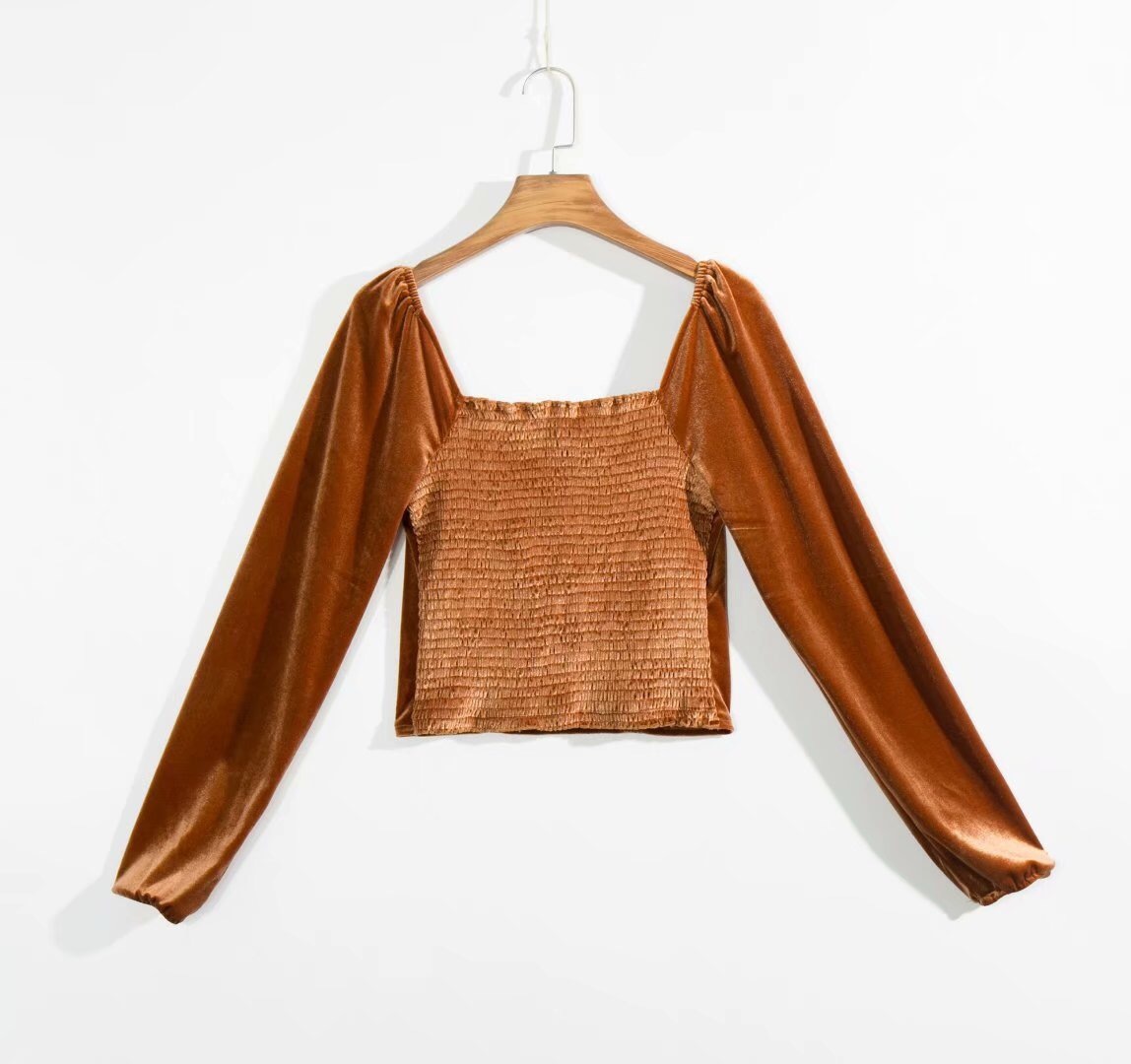 Spring Harajuku Slim Solid Color Velvet Pullovers For Women Velour Long Sleeve Blouse Elastic Ruched Body Cropped Tops 210429