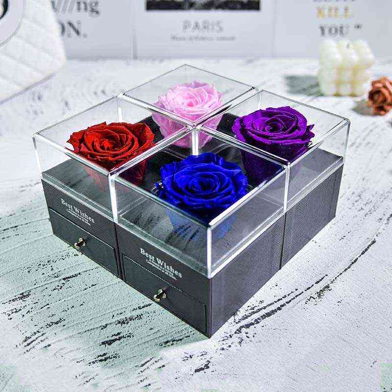 Natural Eternal Rose Jewelry Box /w 100 Languages Love Necklace Preserved Flowers Proposal Ring Case Valentine's Christmas Gifts 211108