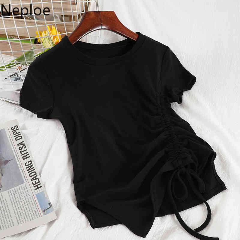 Neploe Solid Thin T Shirt Women Summer Fashion Korean Female Tees O Neck Sweet Irregular Short Sleeve Drawstring Tops 4h877 210422