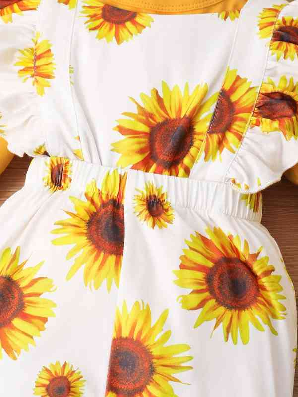 Baby Solid Bodysuit & Sunflower Print Ruffle Trim Jumpsuit SHE