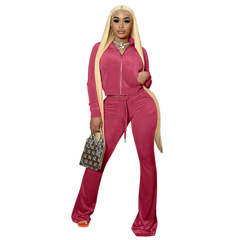 Designers Women Clothes 2023 fashion cashmere suit solid color exposed navel long sleeve flared pants sports two-piece set