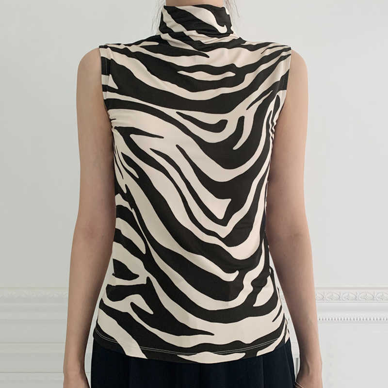 Korejpaa Women T-Shirt Summer Korean Chic Stand-Up Collar Zebra Pattern Contrast Color Slim-Fit Sleeveless Knit Pullovers 210526