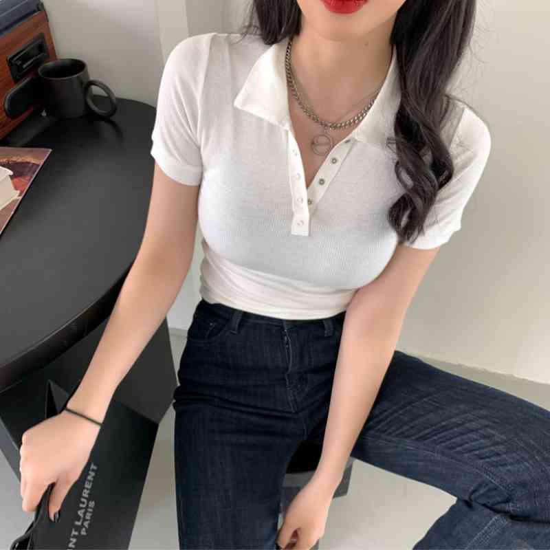 Women Summer Polo Shirts Office Ladies Short Sleeve Solid Turn Down Collar Button Elastic Top Female 100% Cotton Bottoming Shirt 210514