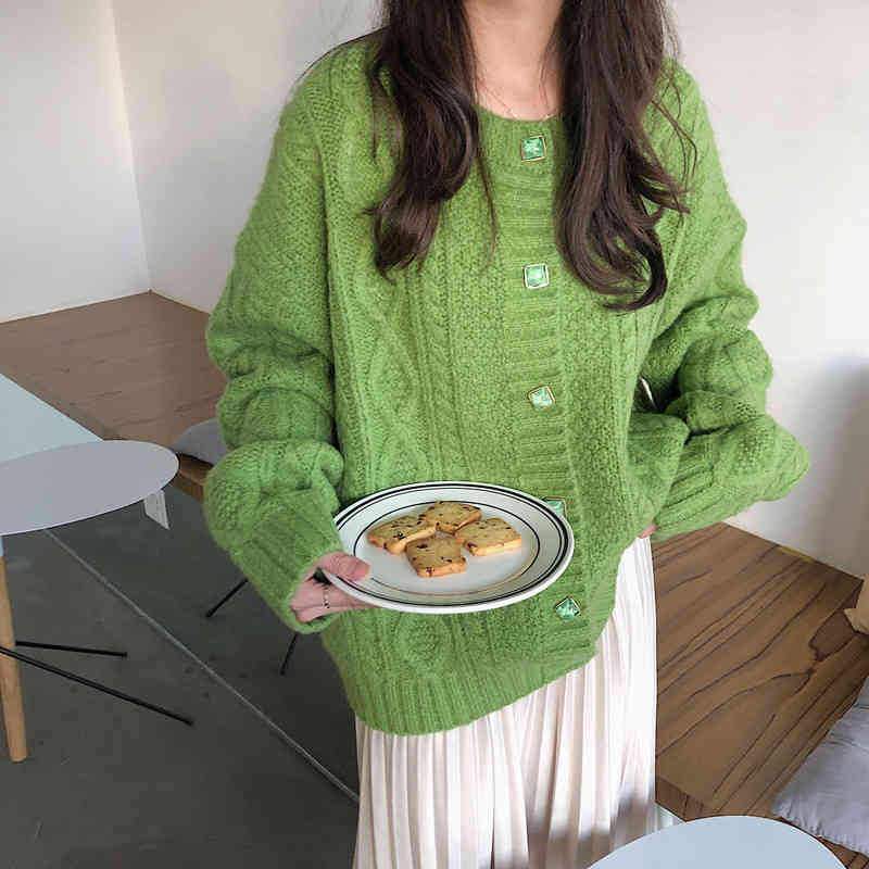 Twisted Knitted Women Cardigan Tops Single-breasted O-neck Full Sleeve Sweater Casual Fashion Korean Female Jumpers Cardigans 210513