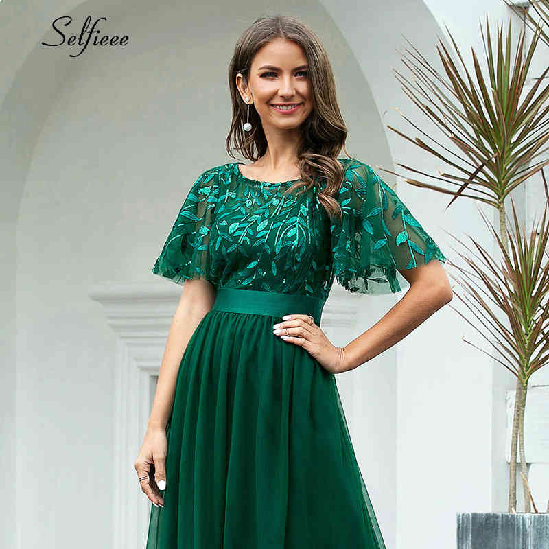 New Decoration Dress Women Elegant A-Line O-Neck Flare Sleeve Sequined Long Formal Party Dresses For Women Plus Size X-9XL 210409