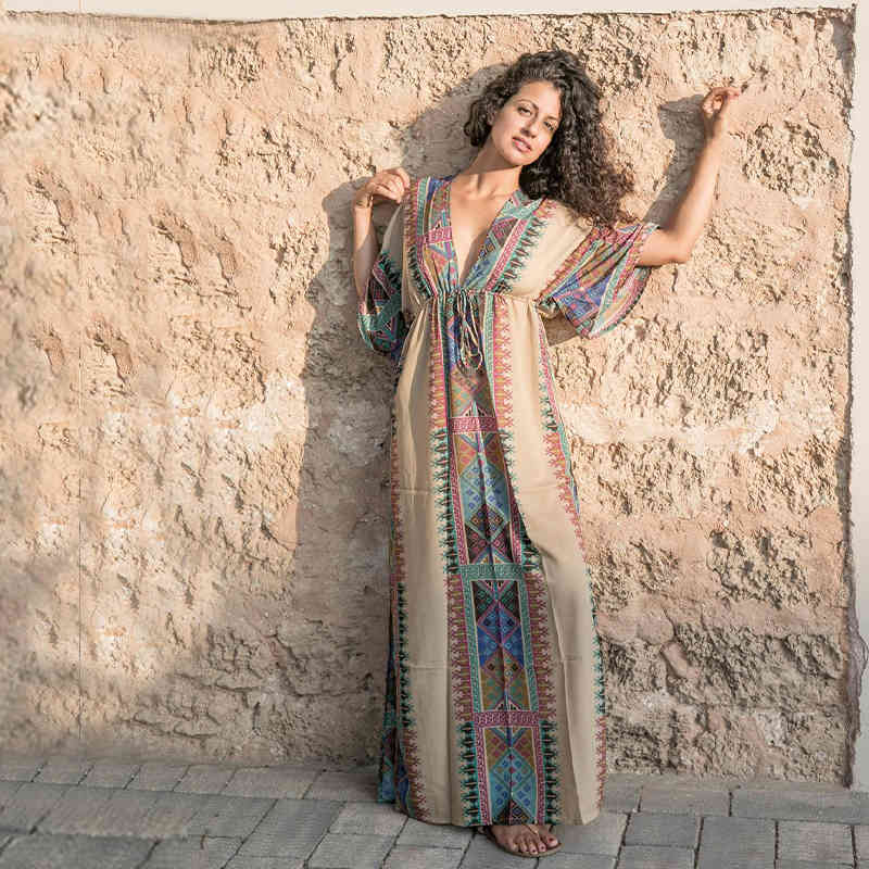 100% Cotton Tunic Pink Indie Folk Print Plus Size Kaftan Sexy Deep V-neck V-back Beach Dress Women Beachwear Swim Cover-ups Q645 210420
