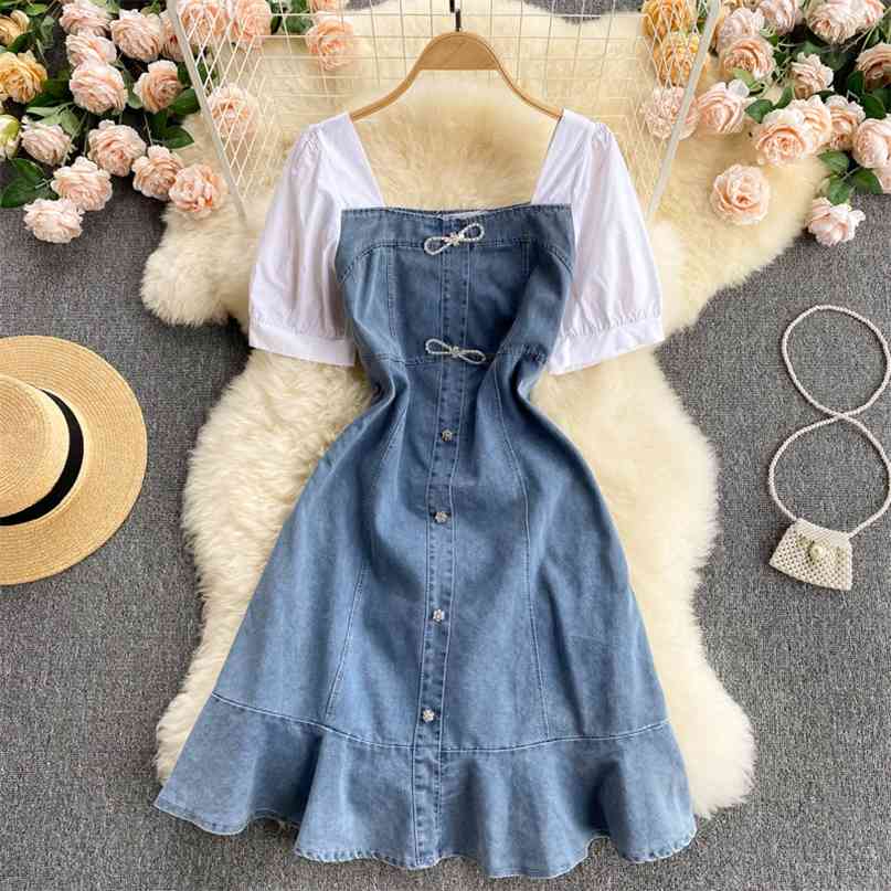 Korean Fashion Girls Patchwork Denim Dress Women Summer Square Collar Short Sleeve Mini Chic Jeans Mujer 210603, Blue
Korean Fashion Girls Patchwork Denim Dress Women Summer Square Collar Short Sleeve Mini Chic Jeans Mujer 210603, Blue