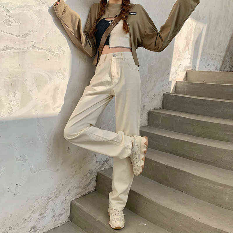 High Waist Spring Fashion Jean Pants Beige Wide Leg Straight Harajuku Streetwear Casual Trousers Jean Femme 211112