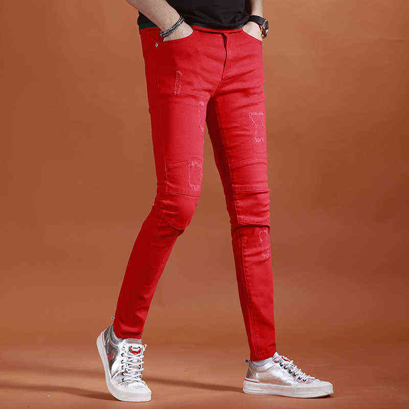 Yellow Jeans Men Fashion Slim Fit Straight Pants Summer Streetwear Thin Ripped Patch Denim Trousers 211111