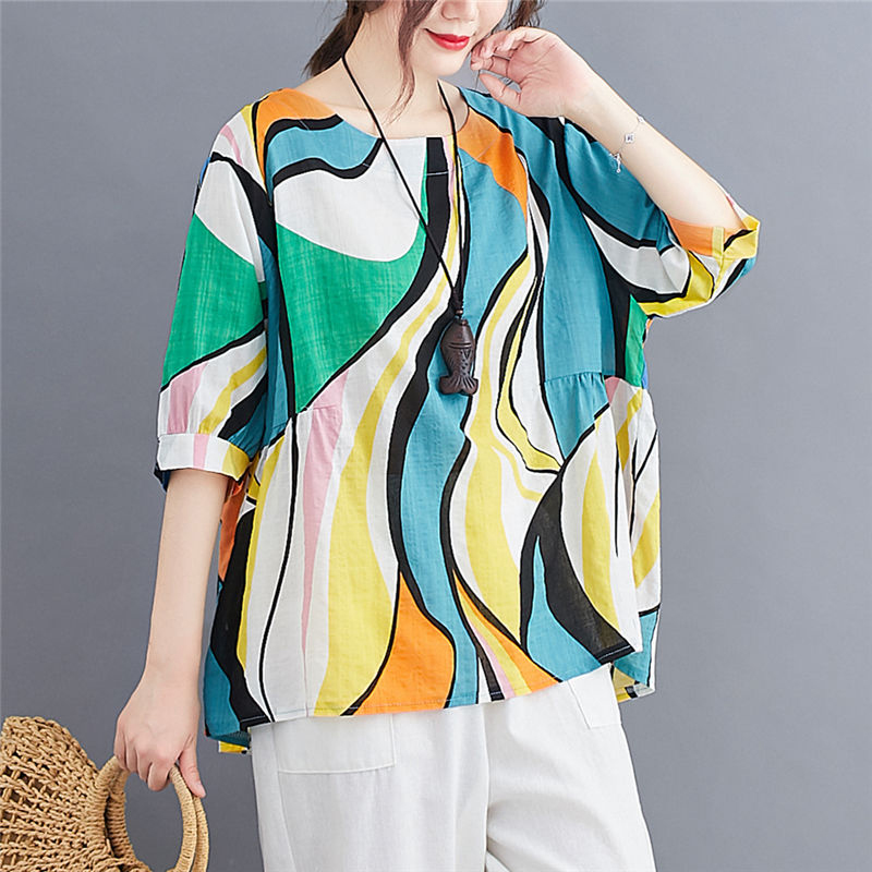 Summer Arts Style Women Short Sleeve O-neck Loose T-shirt Vintage Print Cotton Linen Tee Shirt Femme Casual Tops M06 210512