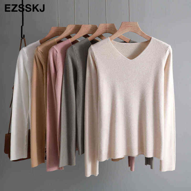 chic casual Autumn Winter Basic Sweater pullovers Women v-neck Solid Knit Slim Pullover female Long Sleeve warm Khaki Sweater 211109