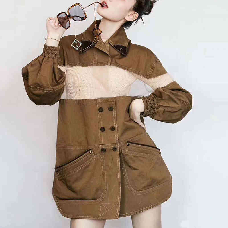 VGH Casual Hit Color Jacket For Women Lapel Long Sleeve Splicing Button Loose Jackets Female Fashion New Clothing Autumn 210421