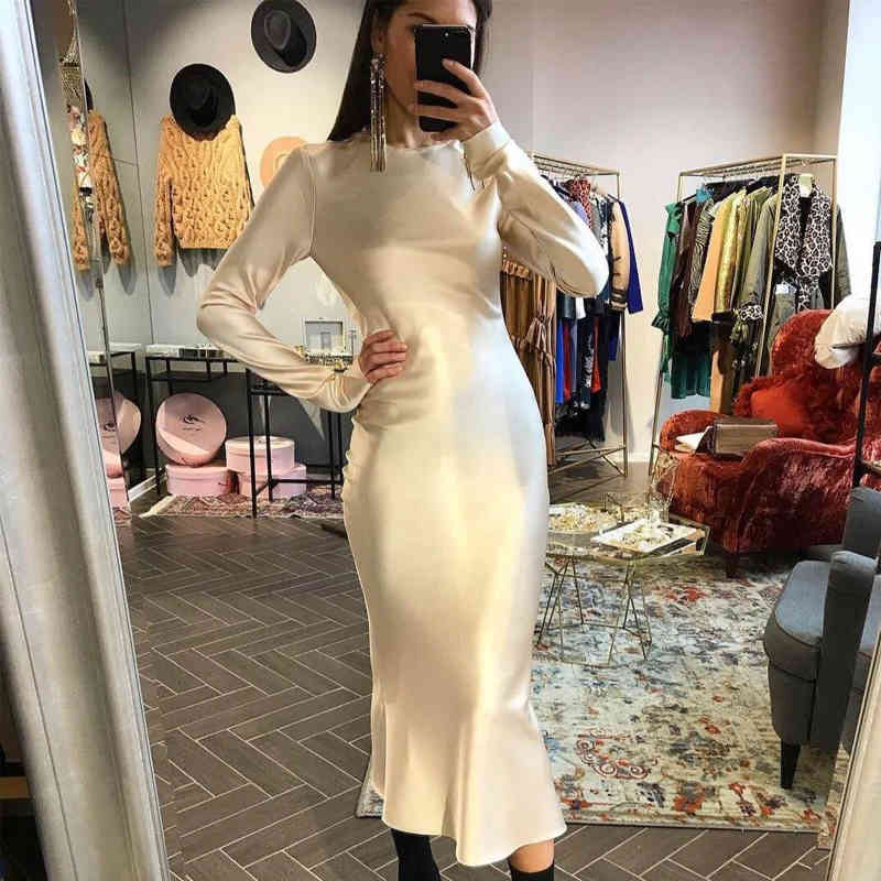 Women's New Solid Long Dress Ladies Satin Elegant Bag Hip Mermaid Party Dress Long Sleeve Fingerless O-Neck Fashion Woman Dress 210409
