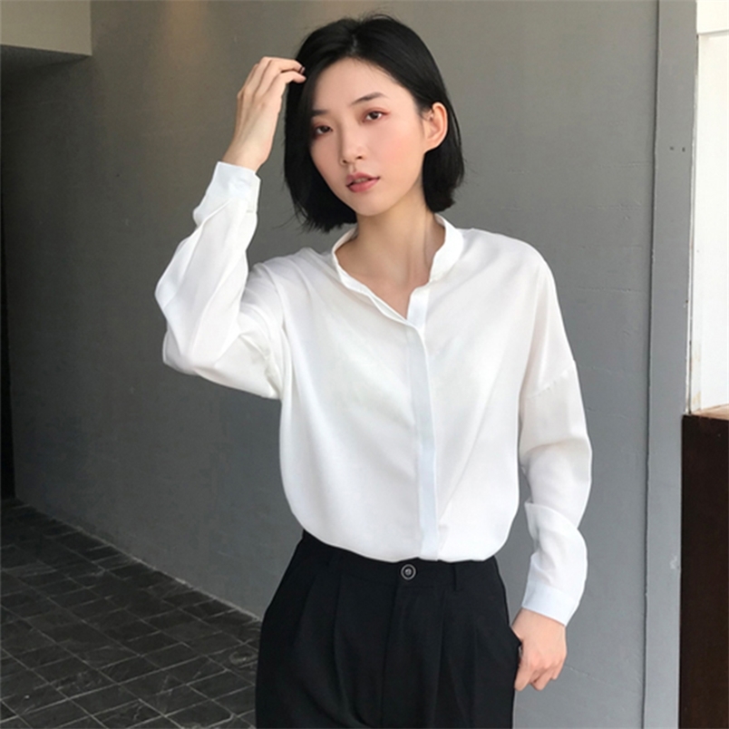 Arrival Spring Women Long Sleeve OL White Shirts Stand Collar Loose Casual silkiness Blouse Female Blusas Top quality S420 210512