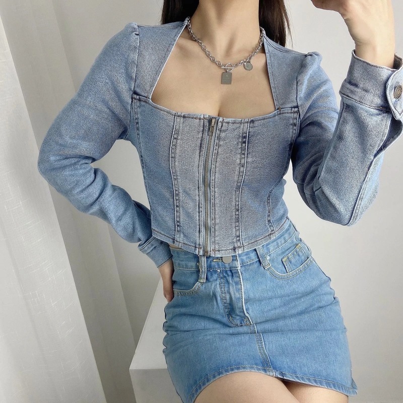 Nomikuma Spring New Sexy Slim Short Jeans Blouse Zipper Korean Long Sleeve Square Collar Shirt Fashion Korean Blusas 6F712 210427