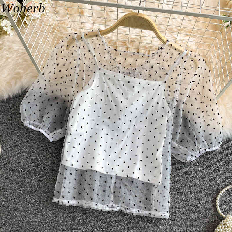Chiffon Blouse Women Puff Sleeve See Through Polka Dot Mesh Cover Up Shirt with Vest Ladies Korean Sweet Top Blusa 210519