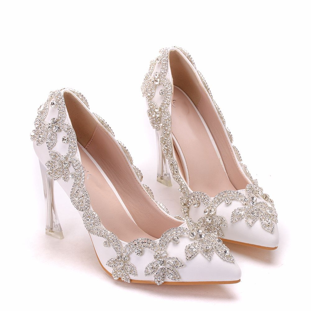 Sparkly Crystals Beaded White Leather Wedding Shoes For Bride Pointed Toe 9CM High Heels Bridal Prom Evening Pumps Stylish Elegant Women Accessories