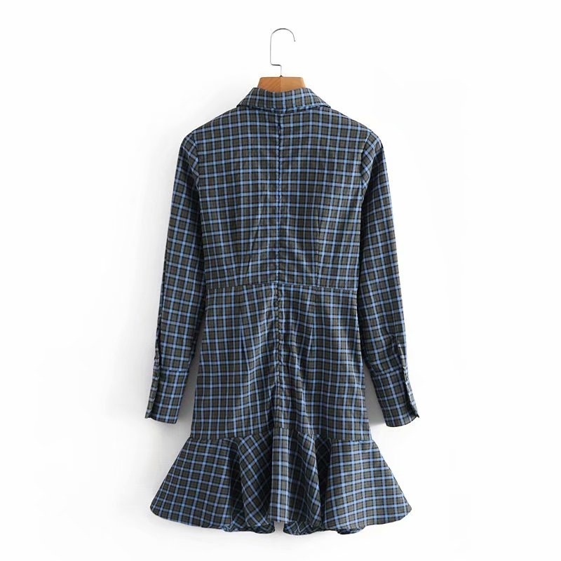 Vintage Women Dark Blue Plaid Dress Fashion Ladies Button Draped Vestidos Elegant Female Chic Asymmetric Mini Dresses 210430
