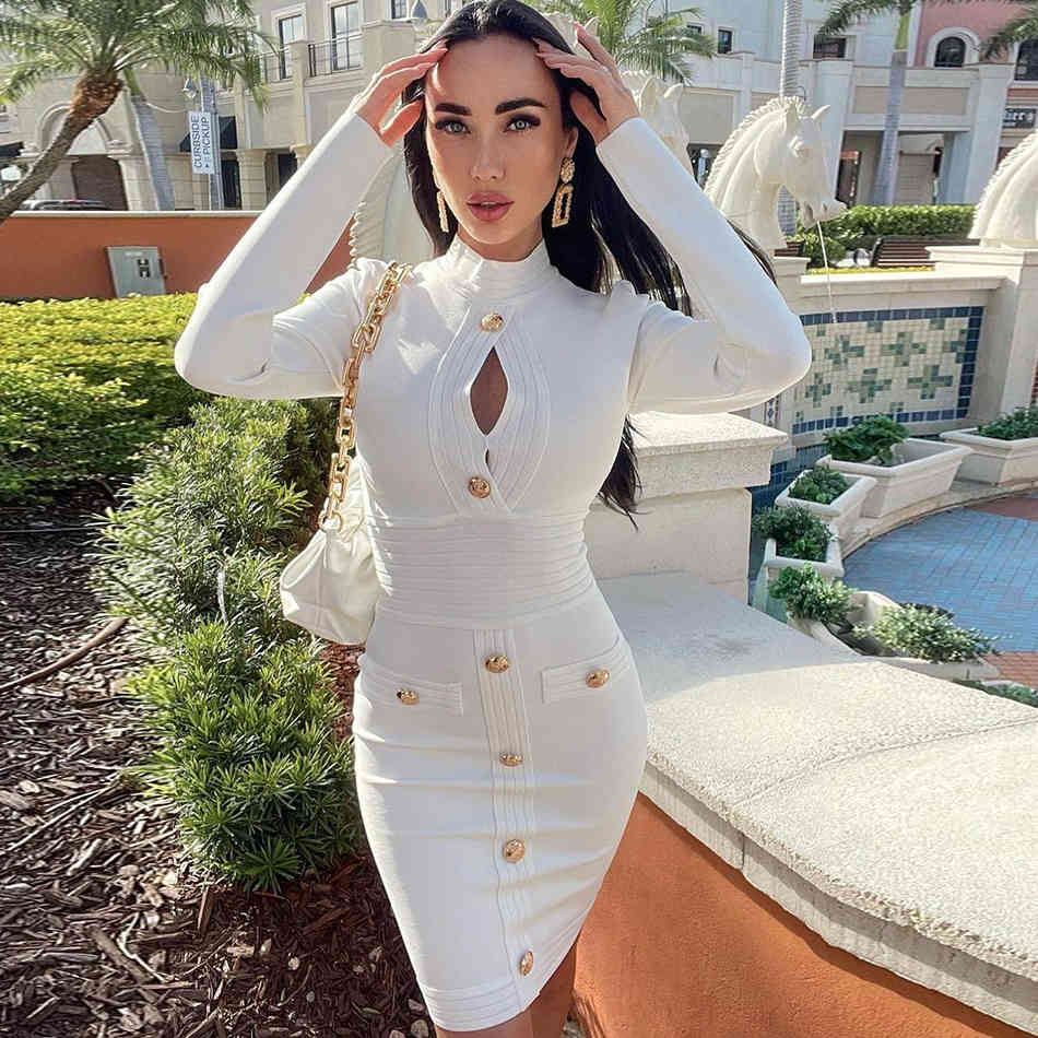 Free Women's Summer Bandage Dress White Long Sleeve Single Breasted Bodycon Sexy Hollow Club Party Vestidos 210524