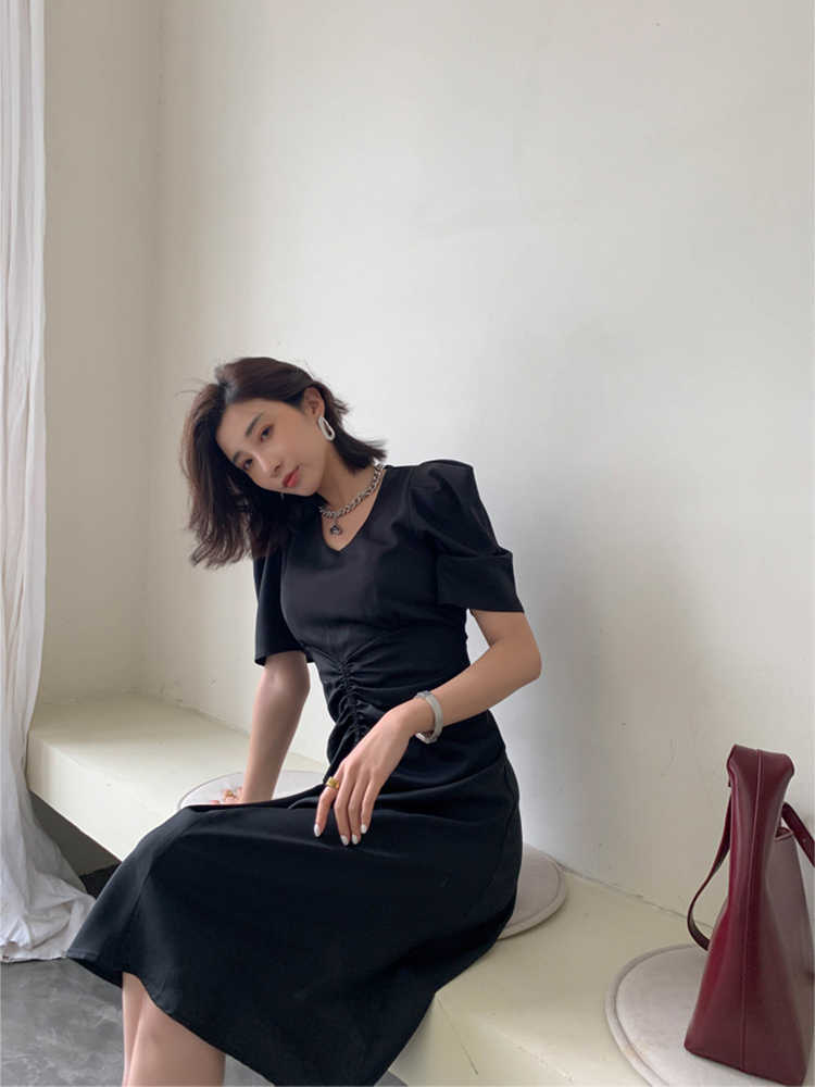 Puff sleeve dress women summer style solid color V neck niche vintage French dresses office lady outfit 210608