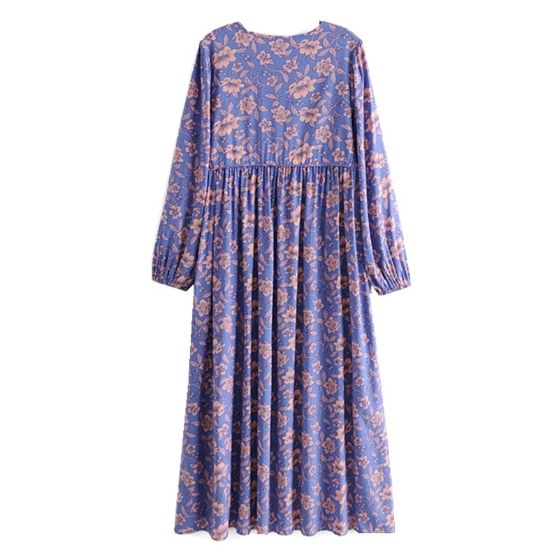 Spring Bohemia Bandage Lacing up Collar Blue Floral Print Dress BOHO Woman Long Sleeve Ankle Length Holiday Dresses Beach 210429