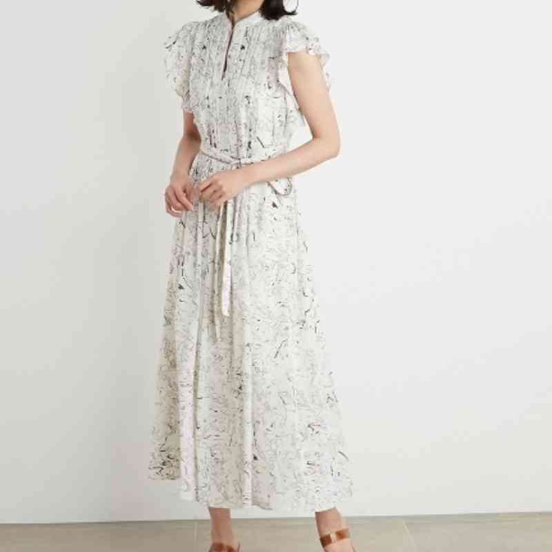 Summer Pleated Drawstring High Waist Dresses Elegant Stand Collar Flying Sleeve Woman Dress Chic Print Slim Vestidos 210524