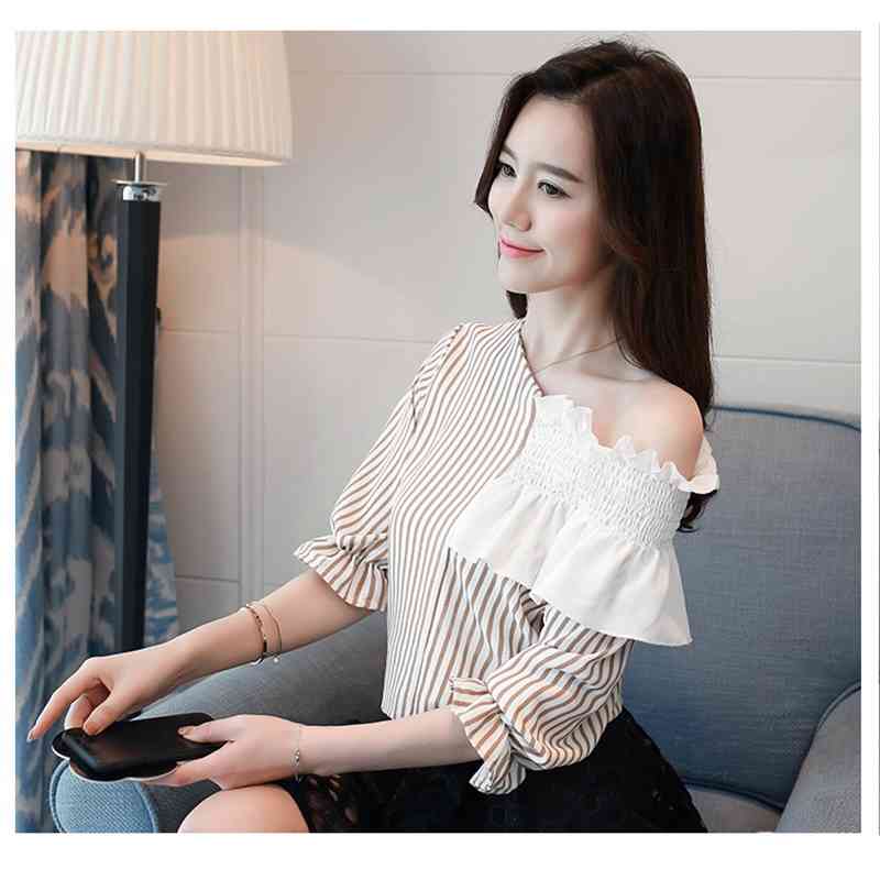 Summer Stripe Casual Women Blouse Shirt Plus Size Female Loose Slim Chiffon Shoulder Short Sleeve Tops 0641 40 210506