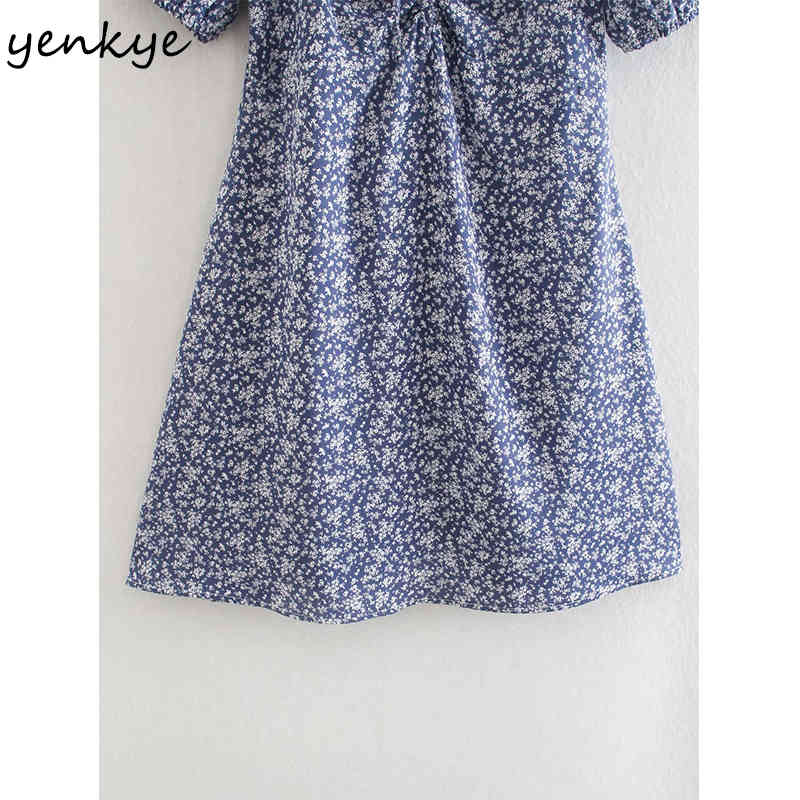 YENKYE Blue Floral Print Dress Women Sexy Drawstring V Neck Short Sleeve Vestido Mujer A-line Mini Holiday Summer Dress 210515