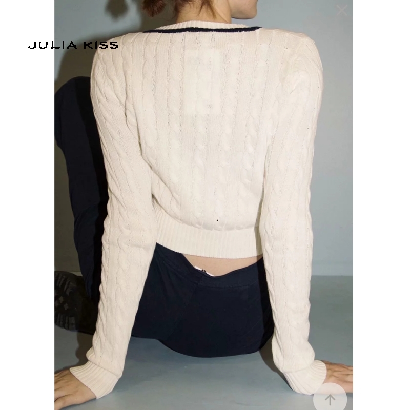 Women Knit Cotton Striped V Neck Sweater In Creme Cable Pullover Crop Top 210512