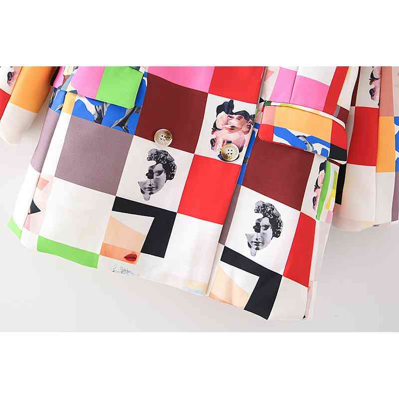 fashion women abstract art blazer office ladies pocket jackets casual female plaid long suits print girls chic sets 210430