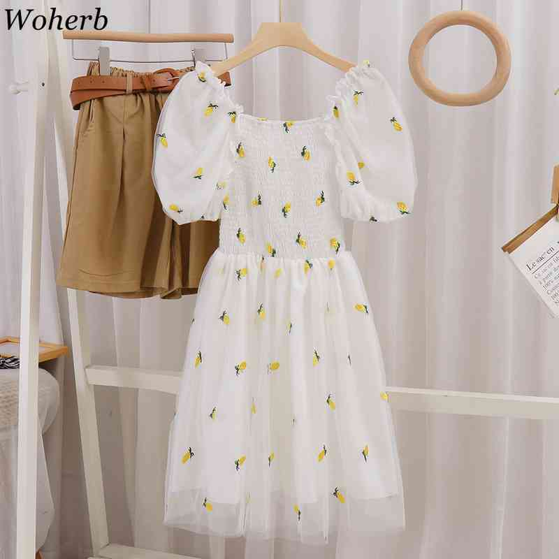 Sweet Mesh Dress Women Summer Kawaii Cute Embroidery Dresses Vintage Korean Short Sleeve Robe Midi Vestidos 210519